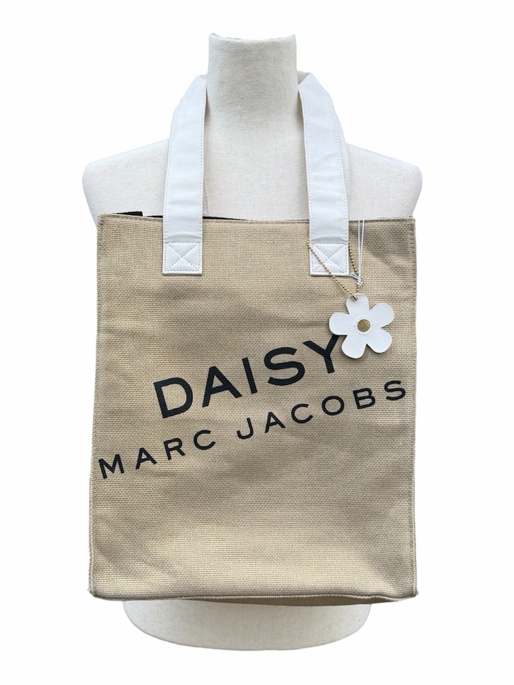Marc Jacobs Daisy Metallic Canvas Tote in Beige, White w flower purse charm NWT